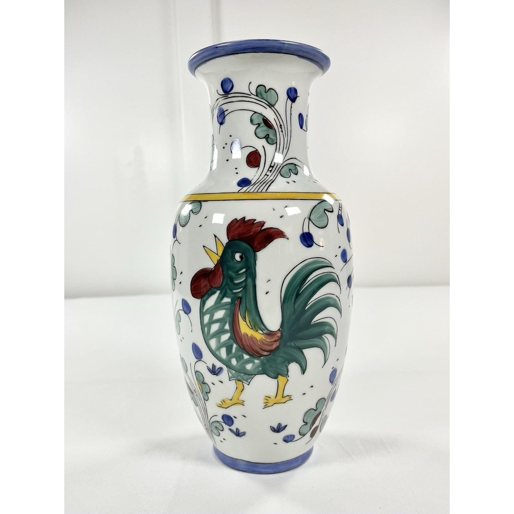 ⁠Vintage 12" Hand Painted Rooster Vase Italian Deruta Style Ceramic China